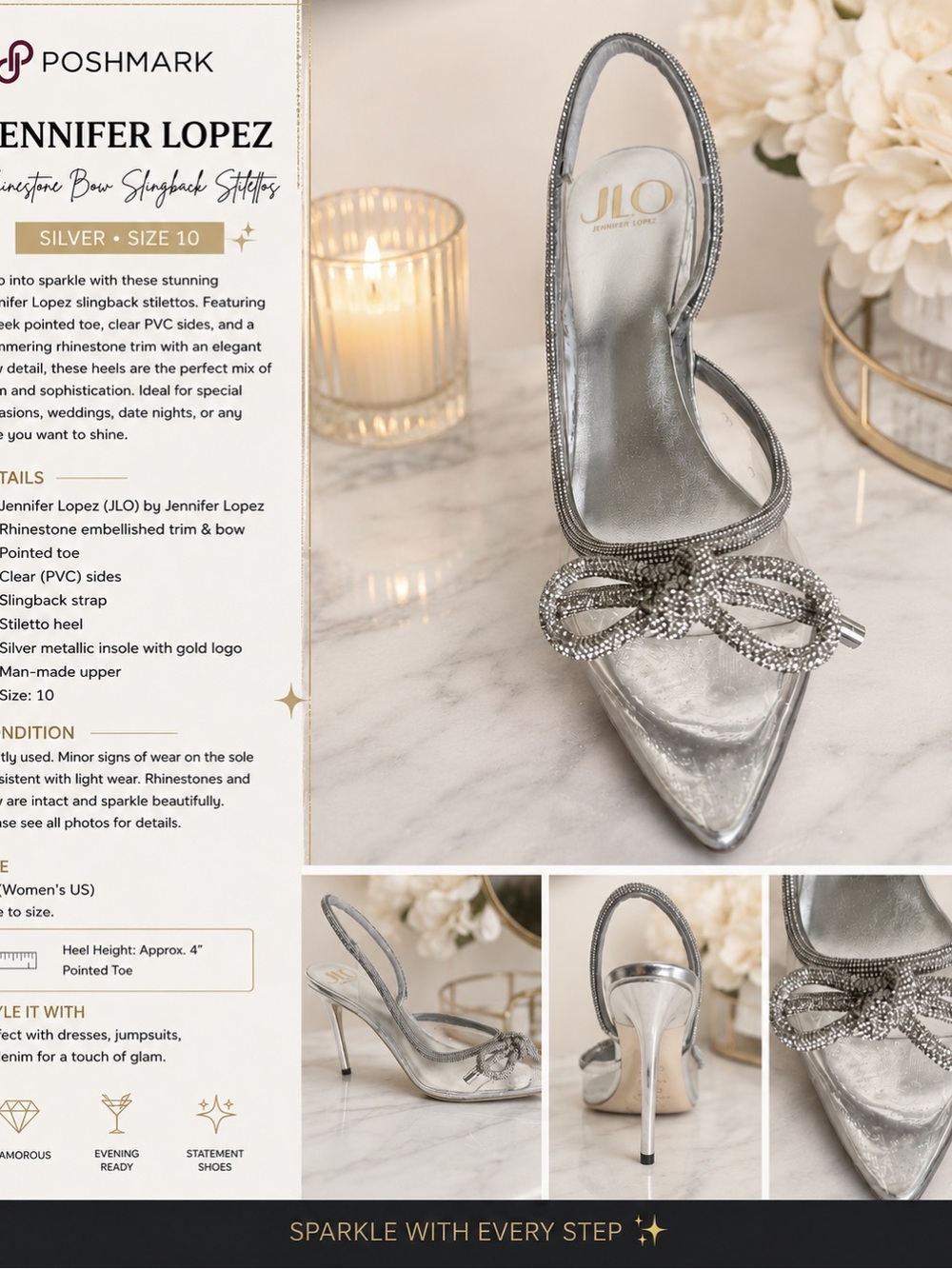 Jennifer Lopez Silver Rhinestone Bow Slingback Stilettos